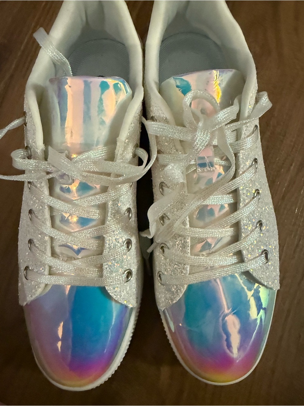 Iridescent White Glitter Lace-Up Sneakers